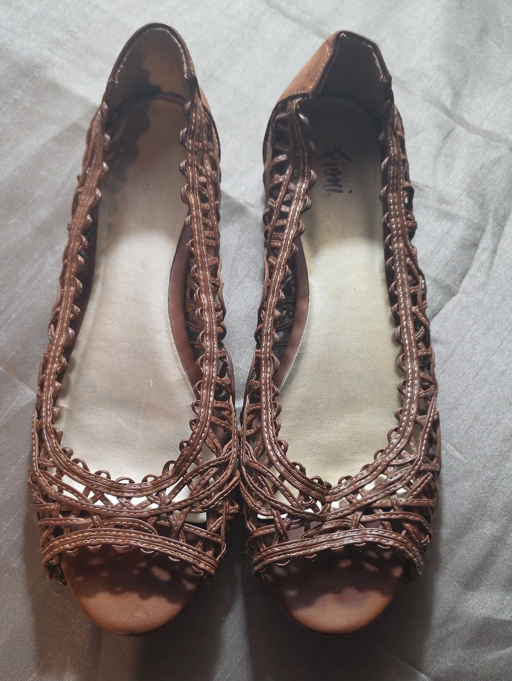 Women's Brown Woven Peep-Toe Flats
